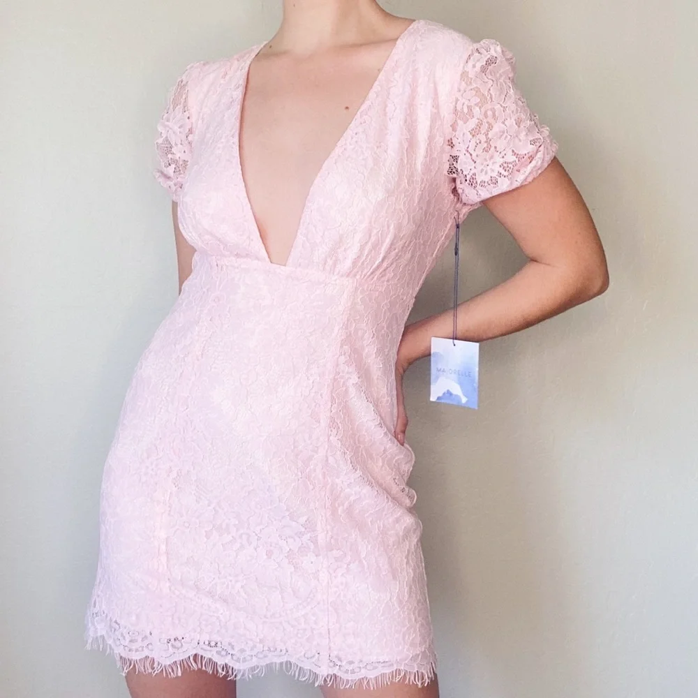 Majorelle Nora Mini Dress Light Pink Deep V Short Sleeve Lace - Picture 11 of 12